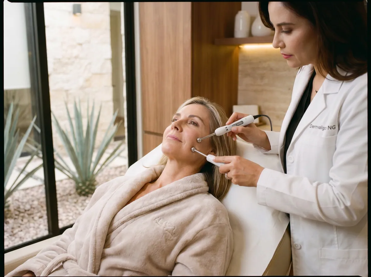 Mujer recibiendo tratamiento de microcorriente facial en clínica premium con dermatóloga certificada