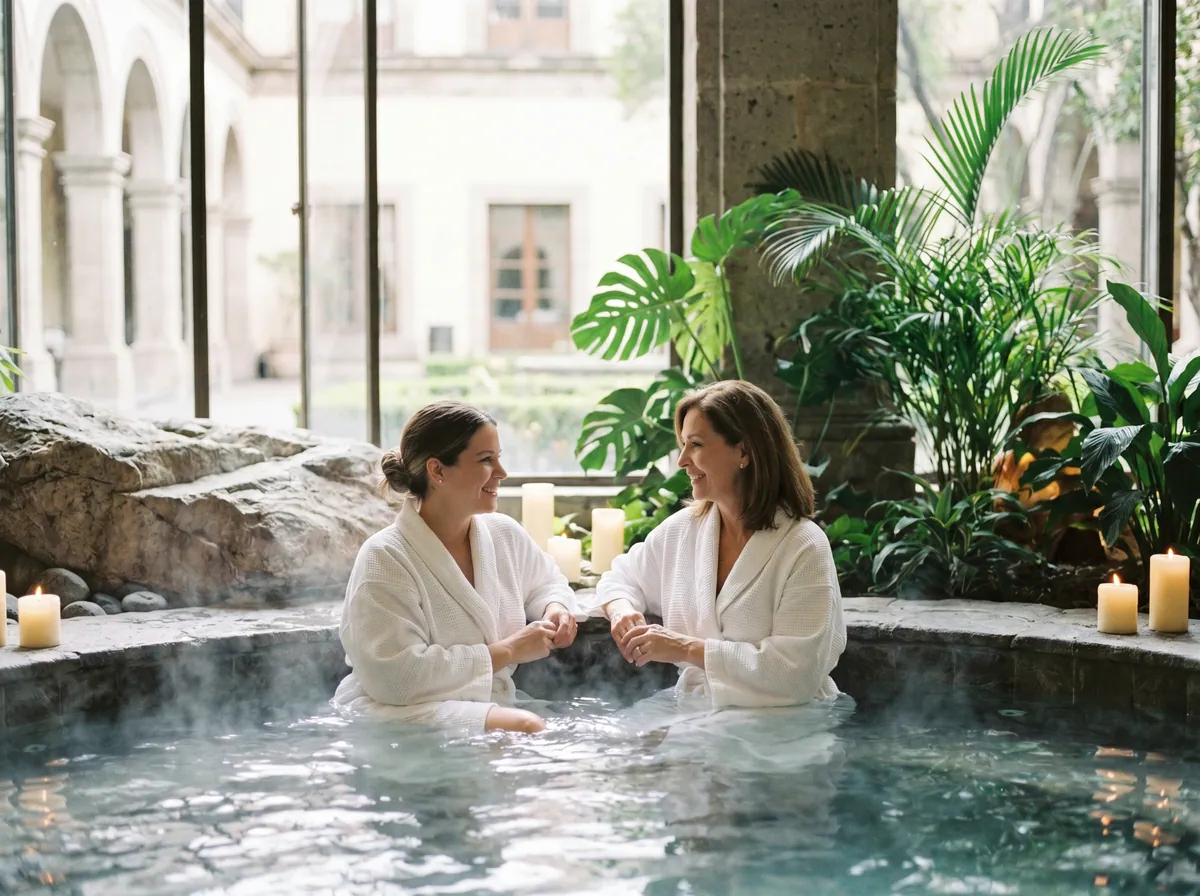 Madre e hija disfrutando del jacuzzi en spa de hotel cinco estrellas con batas blancas y velas