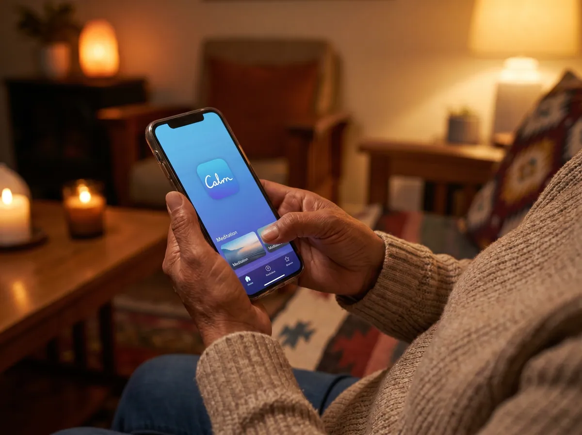 Manos sosteniendo iPhone con app de meditación Calm en sala de estar acogedora con velas