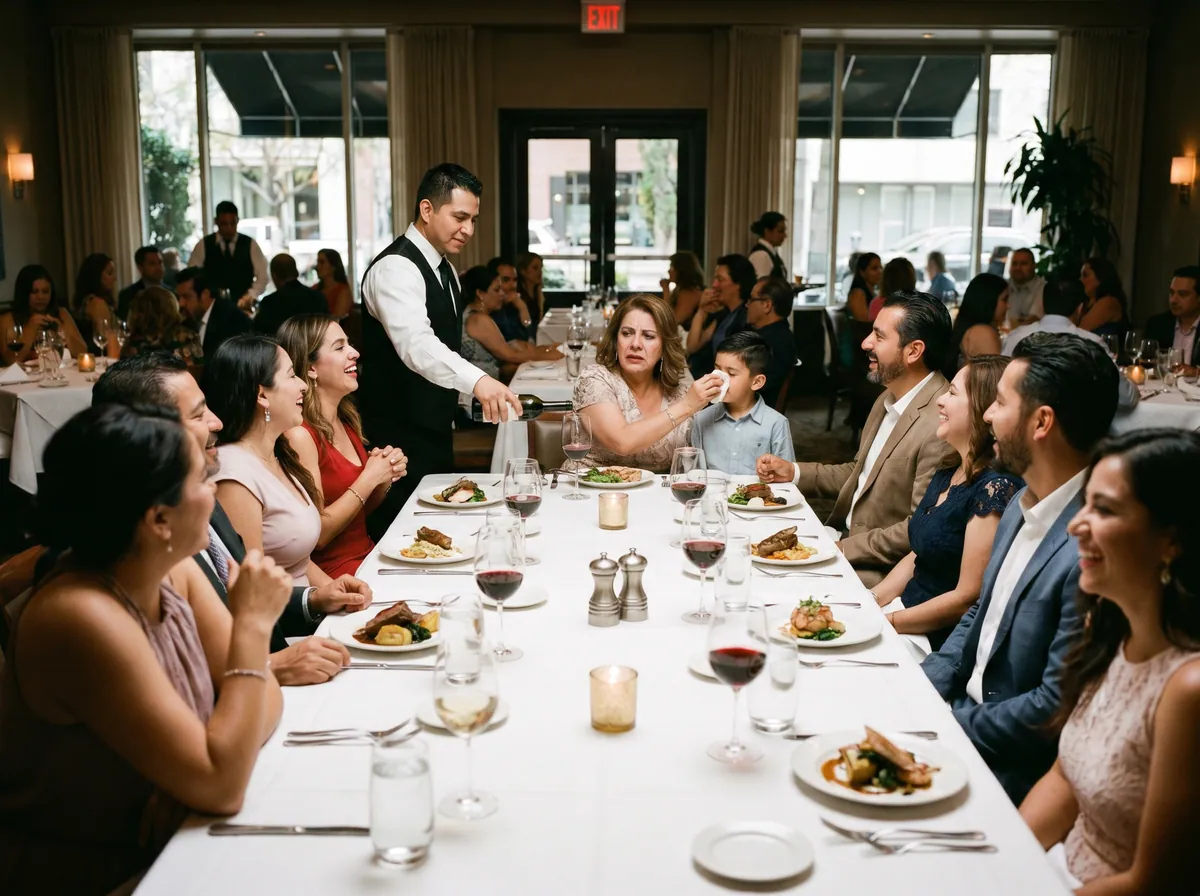 Cena familiar del Día de las Madres en restaurante premium con vino tinto y mantel blanco
